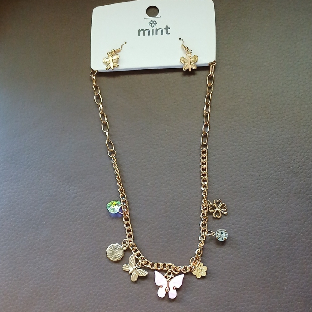 Mint Gold Necklace with Pink Butterfly and Charms - Picture 2 of 6